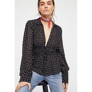 Free People Top Colette Black White Floral Long Sleeve Blouse Womens Size Small